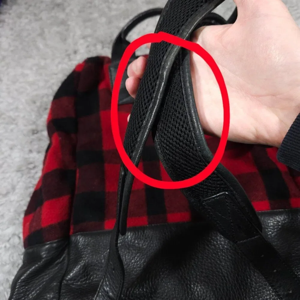 READ Mcq by Alexander Mcqueen Red Black Buffalo Plaid Wool Leather Backpack
